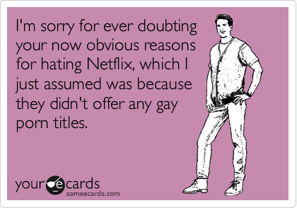 I'm sorry for ever doubting
your now obvious reasons
for hating Netflix, which I
just assumed was because
they didn't offer any gay
porn titles.