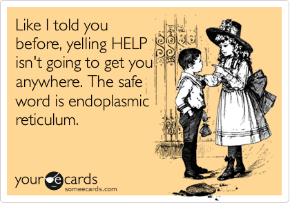 Like I told you
before, yelling HELP
isn't going to get you
anywhere. The safe
word is endoplasmic
reticulum. 