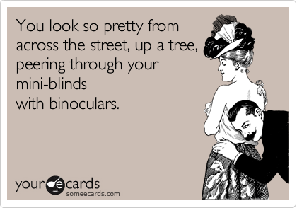You look so pretty from
across the street, up a tree,
peering through your
mini-blinds
with binoculars.