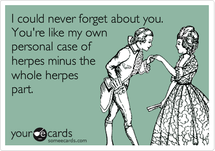 I could never forget about you. 
You're like my own
personal case of
herpes minus the
whole herpes
part.