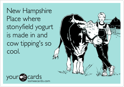 New Hampshire
Place where
stonyfield yogurt
is made in and
cow tipping's so
cool.  