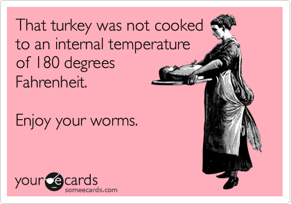 That turkey was not cooked
to an internal temperature
of 180 degrees
Fahrenheit.

Enjoy your worms.
