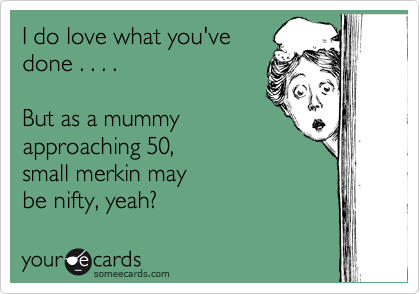 I do love what you've
done . . . . 

But as a mummy 
approaching 50,
small merkin may
be nifty, yeah?  
