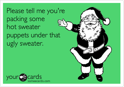 Please tell me you're
packing some
hot sweater
puppets under that
ugly sweater. 