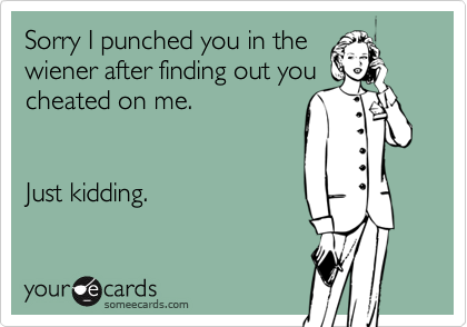 Sorry I punched you in the
wiener after finding out you
cheated on me.


Just kidding.