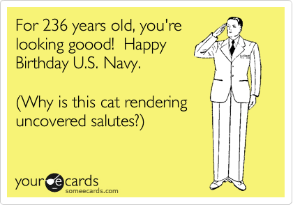 For 236 years old, you're
looking goood!  Happy
Birthday U.S. Navy.  

%28Why is this cat rendering
uncovered salutes?%29