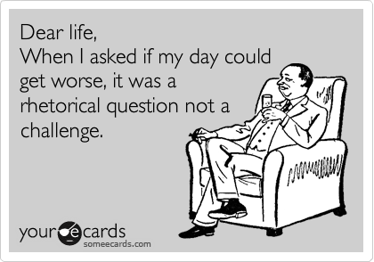 Dear life,
When I asked if my day could
get worse, it was a
rhetorical question not a
challenge.