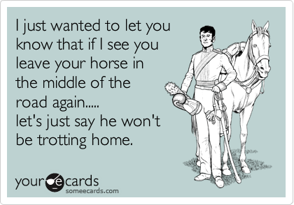 I just wanted to let you
know that if I see you
leave your horse in
the middle of the
road again..... 
let's just say he won't
be trotting home.