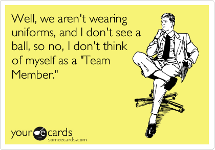 Well, we aren't wearing
uniforms, and I don't see a
ball, so no, I don't think
of myself as a "Team
Member."