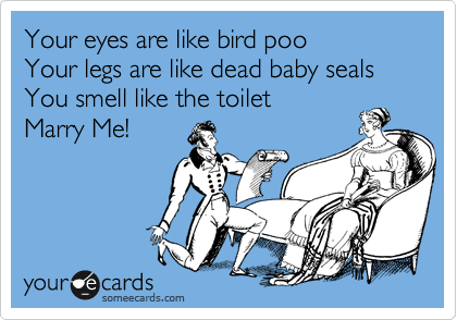 Your eyes are like bird poo
Your legs are like dead baby seals
You smell like the toilet
Marry Me!
