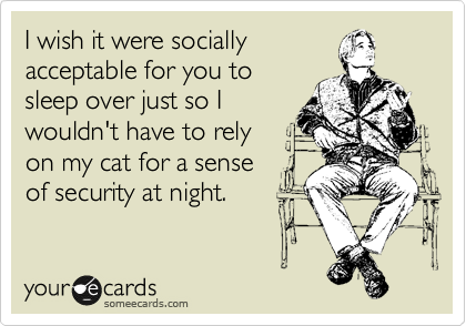 I wish it were socially
acceptable for you to
sleep over just so I
wouldn't have to rely
on my cat for a sense
of security at night.