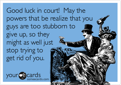 Good luck in court!  May the powers that be realize that you
guys are too stubborn to
give up, so they
might as well just
stop trying to
get rid of you.