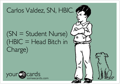 Carlos Valdez, SN, HBIC.


%28SN = Student Nurse%29
%28HBIC = Head Bitch in
Charge%29