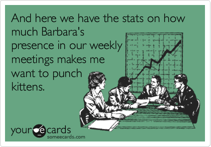 And here we have the stats on how much Barbara's
presence in our weekly
meetings makes me 
want to punch
kittens.  