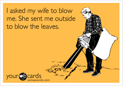 I asked my wife to blow
me. She sent me outside
to blow the leaves.