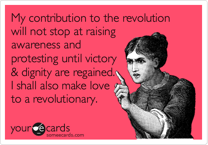 My contribution to the revolution will not stop at raising
awareness and
protesting until victory
& dignity are regained. 
I shall also make love
to a revolutionary.