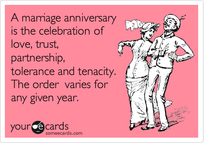 A marriage anniversary
is the celebration of
love, trust,
partnership, 
tolerance and tenacity.
The order  varies for
any given year.