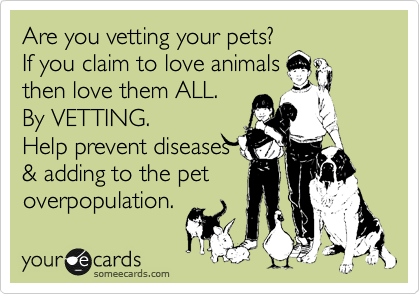 Are you vetting your pets?
If you claim to love animals
then love them ALL.
By VETTING.
Help prevent diseases
& adding to the pet
overpopulation. 