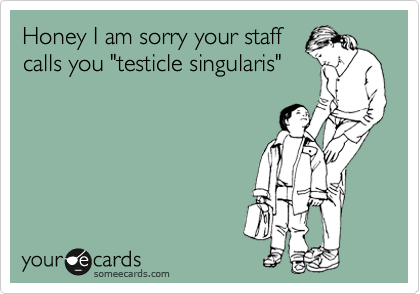 Honey I am sorry your staff
calls you "testicle singularis"