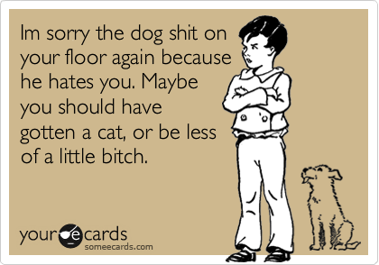 Im sorry the dog shit on
your floor again because
he hates you. Maybe
you should have
gotten a cat, or be less
of a little bitch.
