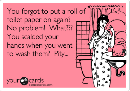 You forgot to put a roll of
toilet paper on again? 
No problem!  What???
You scalded your
hands when you went
to wash them?  Pity...