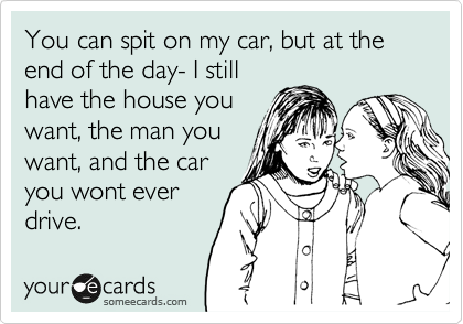 You can spit on my car, but at the end of the day- I still
have the house you
want, the man you
want, and the car
you wont ever
drive.