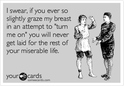 I swear, if you ever so
slightly graze my breast
in an attempt to "turn
me on" you will never
get laid for the rest of
your miserable life.