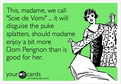 This, madame, we call 
"Soie de Vomi" ... it will
disguise the puke
splatters, should madame
enjoy a bit more
Dom Perignon than is 
good for her.