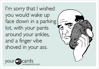 I'm sorry that I wished
you would wake up
face down in a parking
lot, with your pants
around your ankles,
and a finger vibe
shoved in your ass.