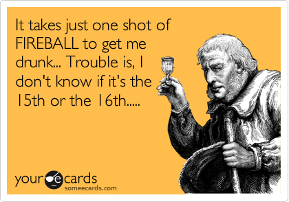 It takes just one shot of
FIREBALL to get me
drunk... Trouble is, I
don't know if it's the
15th or the 16th.....