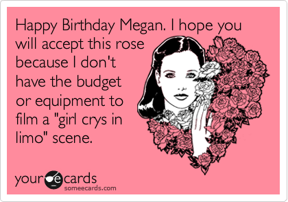 Happy Birthday Megan. I hope you will accept this rose
because I don't
have the budget
or equipment to
film a "girl crys in
limo" scene.
