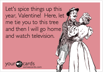 Let's spice things up this
year, Valentine!  Here, let
me tie you to this tree
and then I will go home
and watch television.