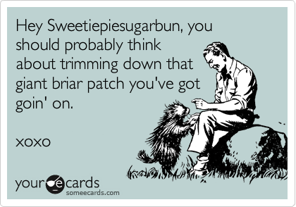 Hey Sweetiepiesugarbun, you should probably think
about trimming down that
giant briar patch you've got
goin' on.

xoxo