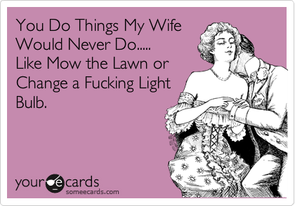 You Do Things My Wife
Would Never Do.....
Like Mow the Lawn or
Change a Fucking Light
Bulb.