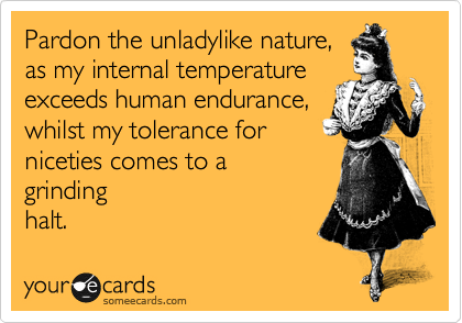 Pardon the unladylike nature,
as my internal temperature
exceeds human endurance,
whilst my tolerance for
niceties comes to a
grinding
halt.