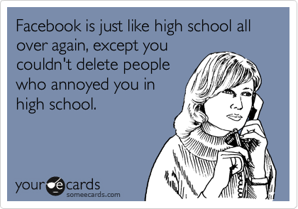 Facebook is just like high school all over again, except you
couldn't delete people
who annoyed you in
high school.