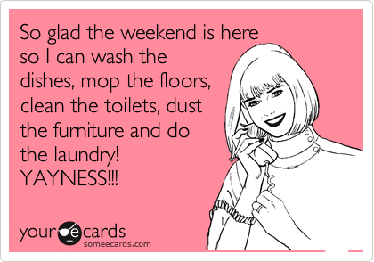 So glad the weekend is here 
so I can wash the
dishes, mop the floors,
clean the toilets, dust
the furniture and do
the laundry!
YAYNESS!!! 