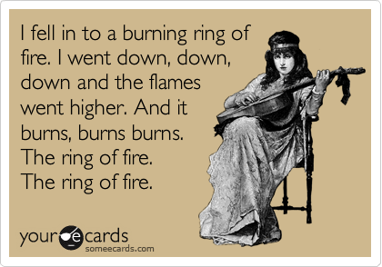 I fell in to a burning ring of
fire. I went down, down,
down and the flames
went higher. And it
burns, burns burns.
The ring of fire.
The ring of fire.