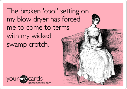 The broken 'cool' setting on
my blow dryer has forced 
me to come to terms 
with my wicked
swamp crotch. 