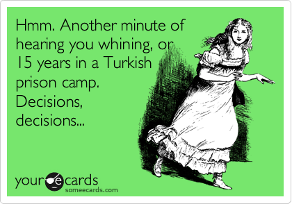 Hmm. Another minute of
hearing you whining, or
15 years in a Turkish
prison camp.
Decisions,
decisions... 