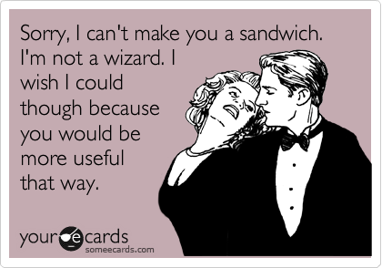 Sorry, I can't make you a sandwich. I'm not a wizard. I
wish I could
though because
you would be
more useful
that way.