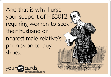 And that is why I urge
your support of HB3012,
requiring women to seek
their husband or
nearest male relative's
permission to buy
shoes.