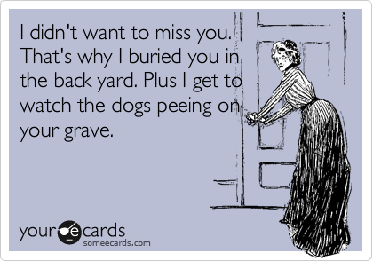 I didn't want to miss you.
That's why I buried you in
the back yard. Plus I get to
watch the dogs peeing on
your grave.