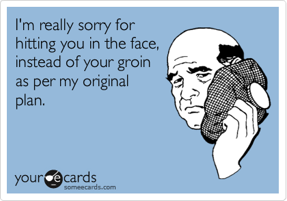 I'm really sorry for
hitting you in the face,
instead of your groin
as per my original
plan.