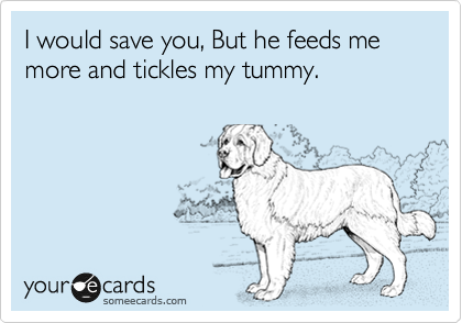 I would save you, But he feeds me more and tickles my tummy.