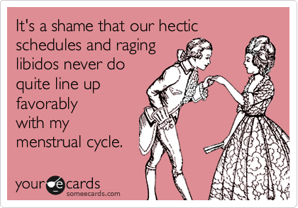 It's a shame that our hectic
schedules and raging
libidos never do 
quite line up
favorably 
with my
menstrual cycle.