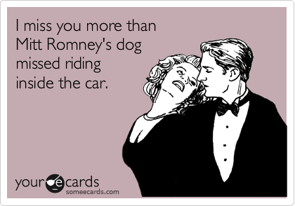 I miss you more than
Mitt Romney's dog
missed riding 
inside the car.