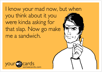 I know your mad now, but when you think about it you
were kinda asking for
that slap. Now go make
me a sandwich.