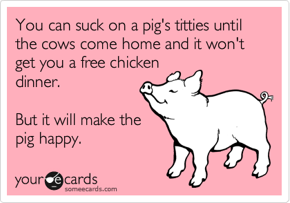 You can suck on a pig's titties until the cows come home and it won't get you a free chicken
dinner.

But it will make the
pig happy.