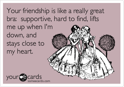 Your friendship is like a really great bra:  supportive, hard to find, lifts me up when I'm
down, and
stays close to
my heart.
 